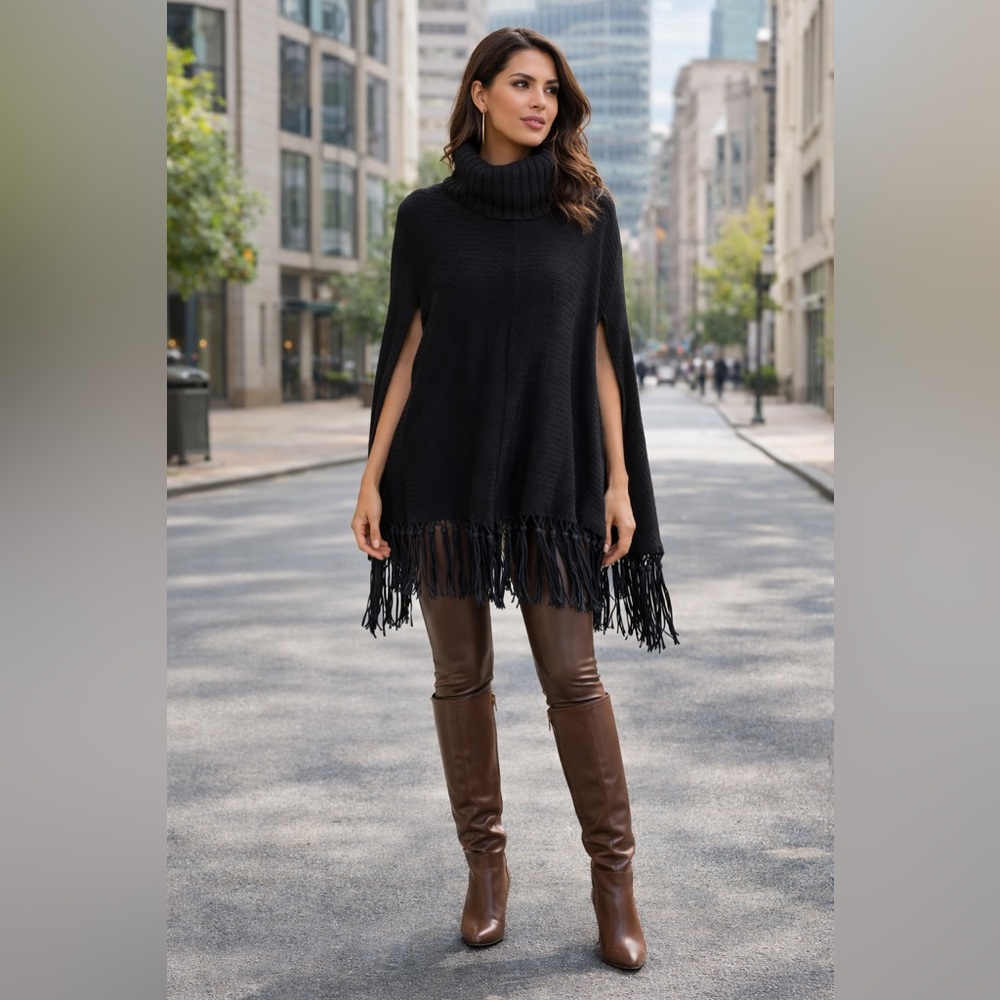 NEIMAN MARCUS Black Knit Turtleneck Poncho Fringe with Armholes - Stunning!